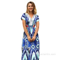 Sexy Woman v-neck Flower Printed maxi Beach Dress